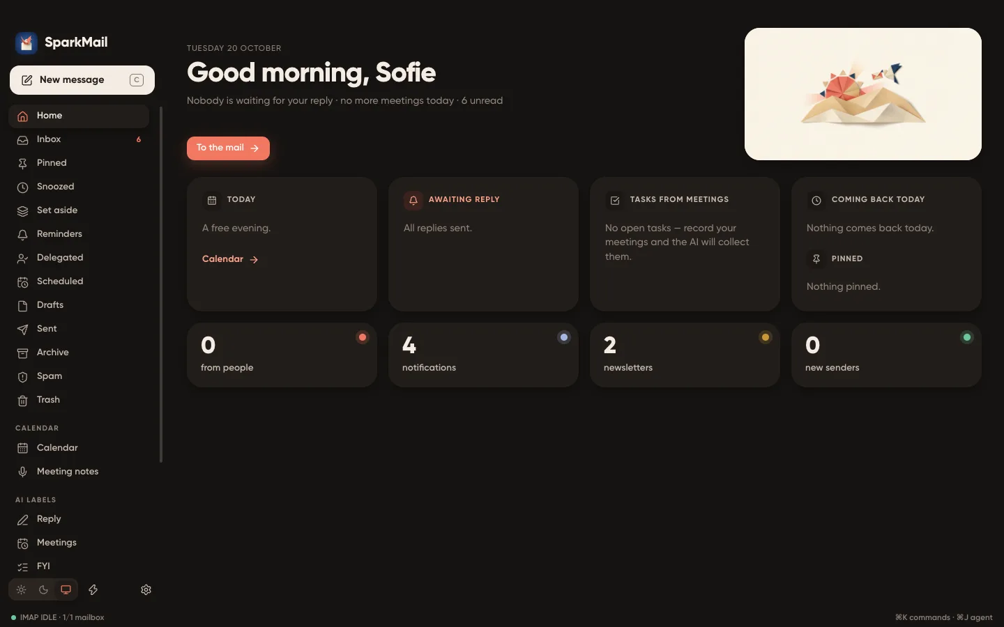 SparkMail home screen: greeting, messages awaiting a reply, meetings and counters
