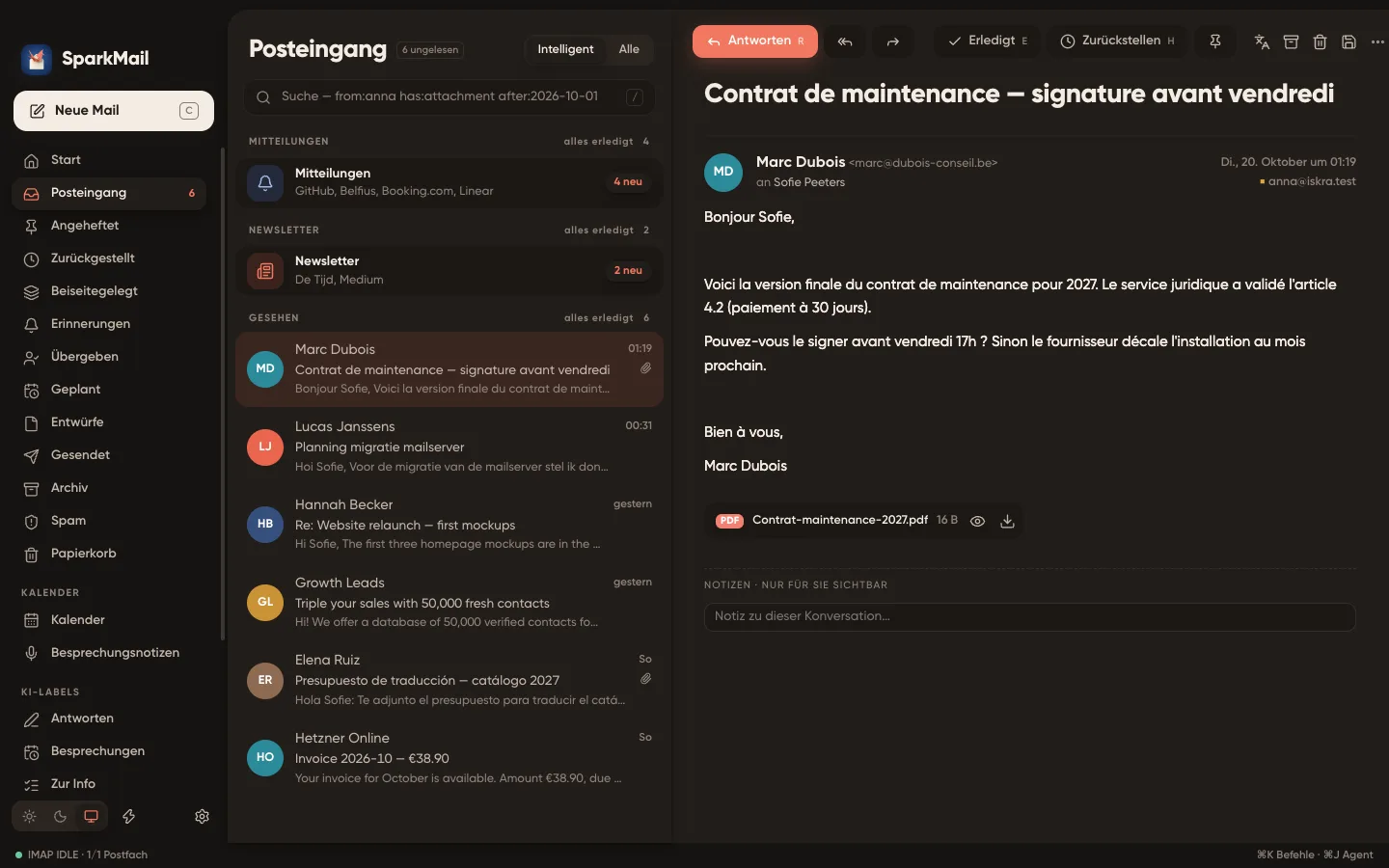 SparkMail-Fenster: intelligenter Posteingang links, eine geöffnete Mail mit PDF-Anhang rechts