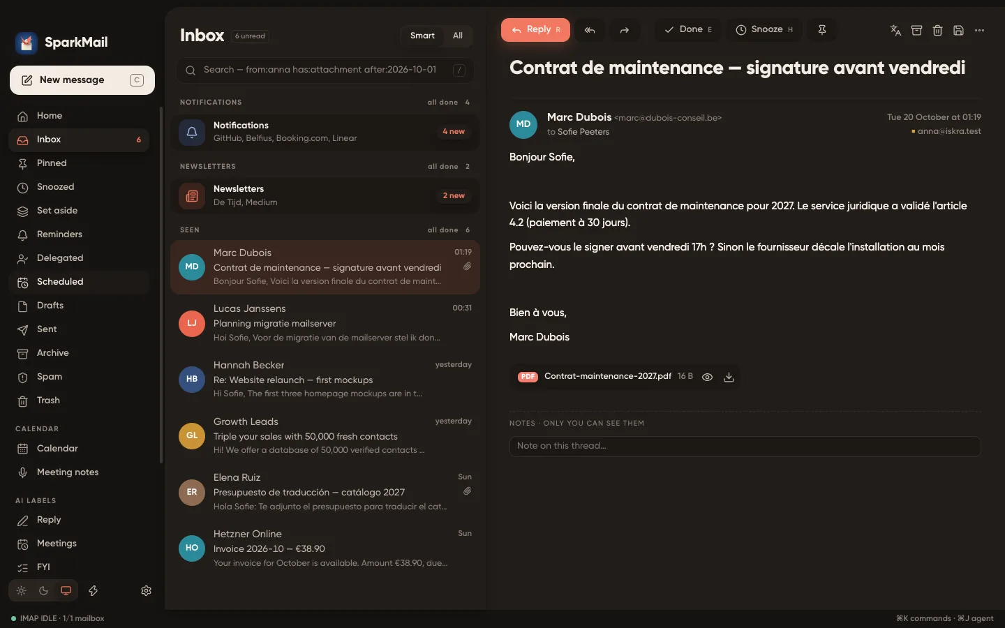 SparkMail window: smart inbox on the left, an open message with a PDF attachment on the right