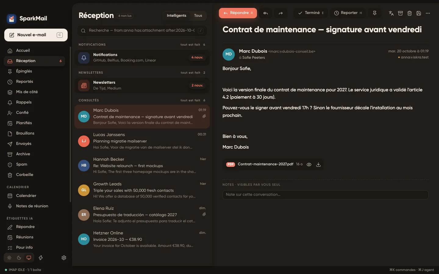 Fenêtre de SparkMail : boîte intelligente à gauche, un e-mail ouvert avec une pièce jointe PDF à droite